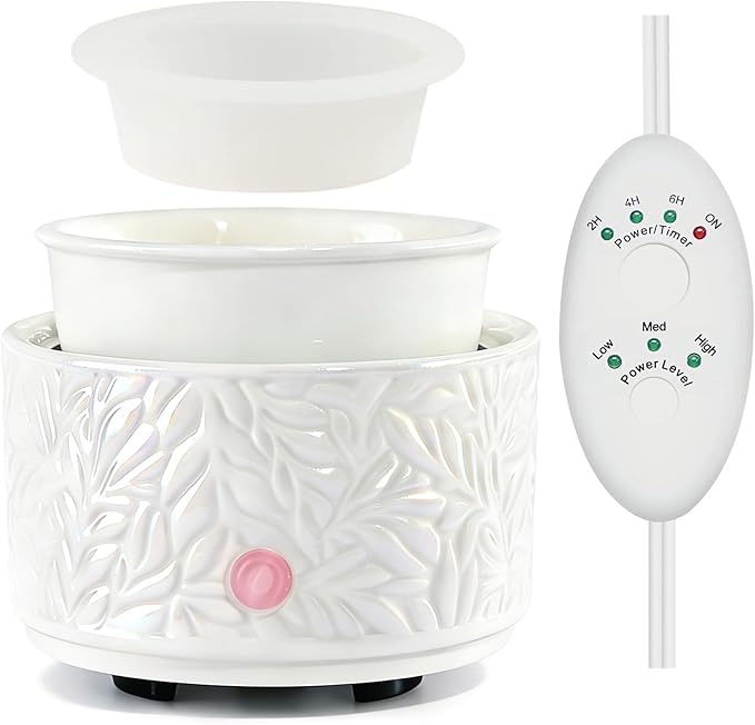 Wax Melt Warmer with Timer & Silicone Liner, Electric 3-in-1 Wax Melter, Ceramic Candle Warmer for Scented Wax, Scent Oil Burner for Home Aromatherapy, White
