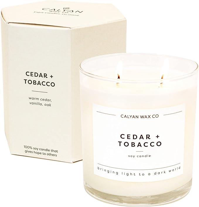 Calyan Wax Co. Cedar & Tobacco 2 Wick Scented Candle - 37 Hour Burn - Luxury Non Toxic Soy Wax Candles - Long Lasting Large Glass Jar Candle for Home - 8.8oz