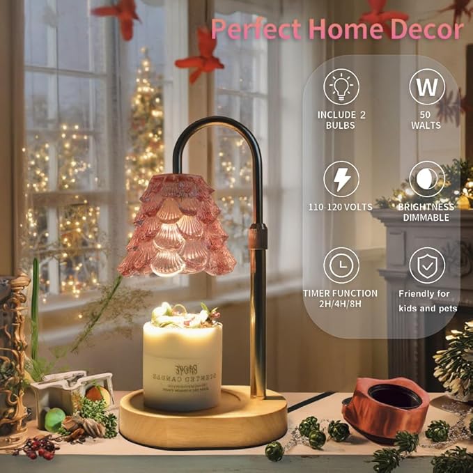 Chritsmas Tree Lampshape Candle Warmer Lamp with Adjustable Height, Aroma Candle Warmer with Timer and Dimmer, Wooden Base Glass Wax Warming Lamp, Women's Gifts(Tree Pink)