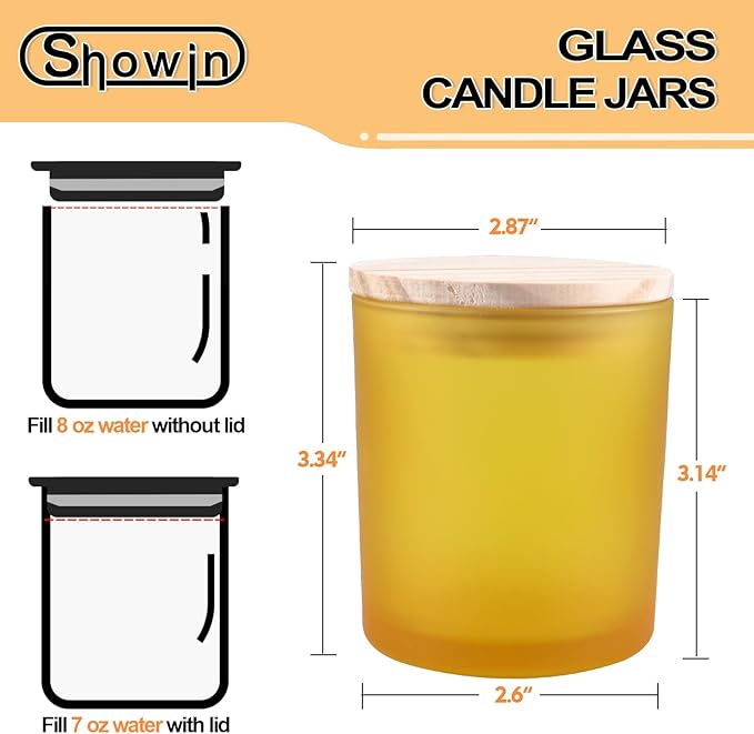 SHOWIN 8 OZ Thick Candle Jars for Making Candles 15 Pcs, Empty Jars with Wood Lids for Candle Making, Sample Container, Frosted Yellow