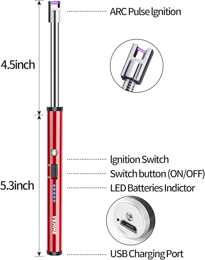 VEHHE Lighter, Rechargeable Candle Lighter Camping Lighters with Safety Switch Flexible Neck LED Battery Display, Arc Long Lighters for Candle Cooking BBQs Fireworks