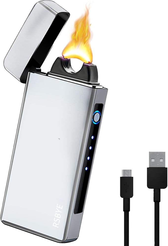Electric Windproof Lighter, Pulsed Flame Plasma-Flame Arc Lighter - Rechargeable USB with Battery Indicator (Silver)