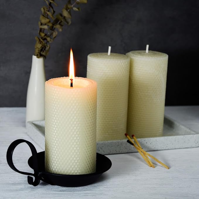 3PCS 3 * 6" Large Beeswax Pillar Candles,Handmade Pure Beeswax Rolled Candles, Dripless & Smokeless，White
