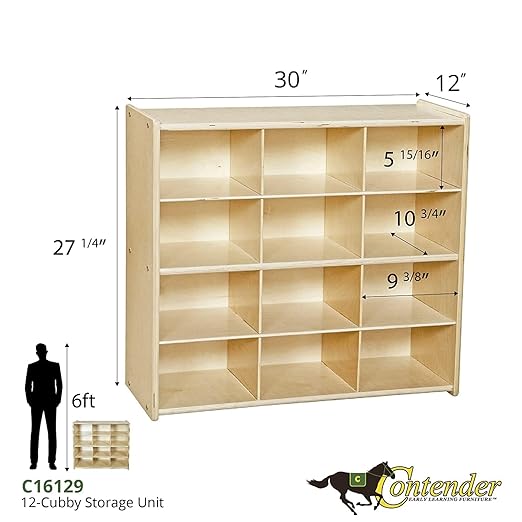 Contender 100% Birch Plywood 12-Cubby Storage Unit w/Colorful Tubs, Hardwood Cubby Organizer for Classroom, Cube Locker Shelf for Organizing Toys - RTA