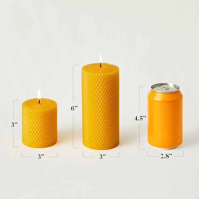Beeswax Pillar Candles, 3x3 Inch -Set of 3 Hand-Rolled Honeycomb Candle - Long Burning 50+ Hours, Dripless Smokeless Unscented Handmade Beeswax for Home Decor, Prayer, Wedding,SPA