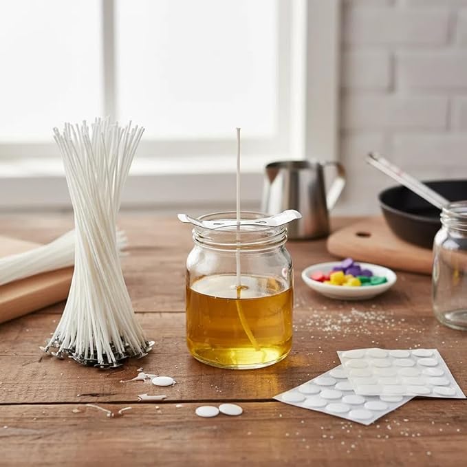 100pcs 6" Natural Cotton Candle Wicks & Stickers + 1 Wick Centering Device - Low Smoke, Natural Core for Candle Making & DIY Projects