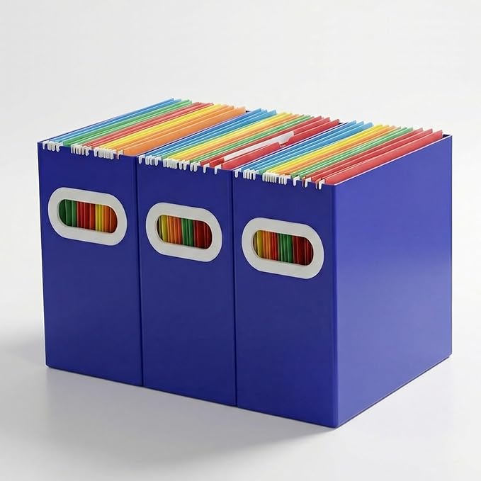 Hanging File Organizer Box, 3 Pack Dard Blue Cardboard File Folder Holder for Letter Size, Portable Desk Document Storage with Handles, for Office,Home,School
