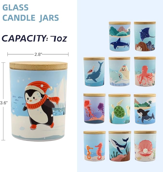 12 Pack 7 OZ Ocean Blue Glass Candle Making Jar with Bamboo Airtight Lids, Empty Storage Container DIY Candle Jar, Labels, Gifts (Ocean blue)
