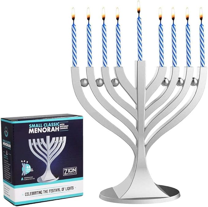 Zion Judaica Blue and Silver Set of 2 Mini Menorahs with 44 Birthday Candles Small Travel Minorah w/Chanukah Candles On-The-Go Hanukkiah Compact Hanukkah Candle Holder Menurah Chanuka Gifts Chanukiah