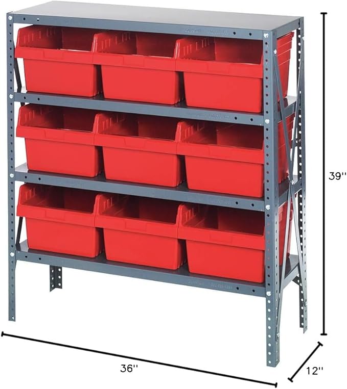 Quantum Storage Systems 1239-SB809RD Solid Heavy Duty 4 Shelves 9 Store-MAX Red Bins 39" H x 36" W x 12" D