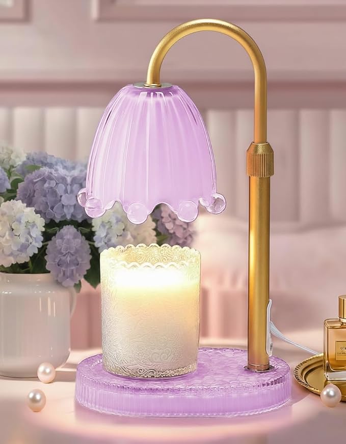 Flower Candle Warmer Lamp with Timer, Vintage Adjustable Glass Warmer Light for Jar Candles, Electric Wax Warming Melter, Gifts for Women Mom, Bedroom Decor (Purple-Flower)