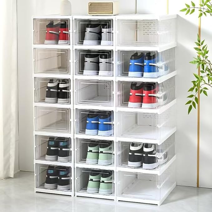 Shoe Storage Organizer Box Foldable Collapsible Stackable Shoe Rack Bins, Fit Size 12, No Assembly, for Men and Women