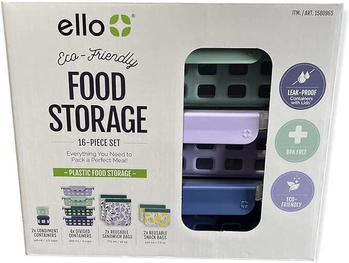 Ello Eco-Friendly Food Storage, BPA Free Plastic Food Storage, Blueberry Delight Color, 16-Piece Set