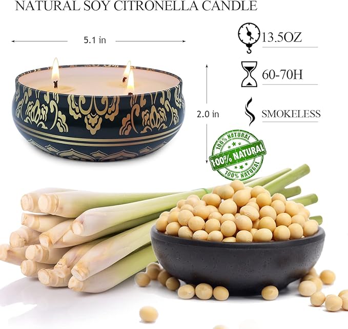NIKY 3 Packs Large Citronella Candles Outdoor and Indoor, 13.5oz 3-Wick Soy Wax Green Portable Travel Tin Candle for Home Garden Patio Yard Balcony