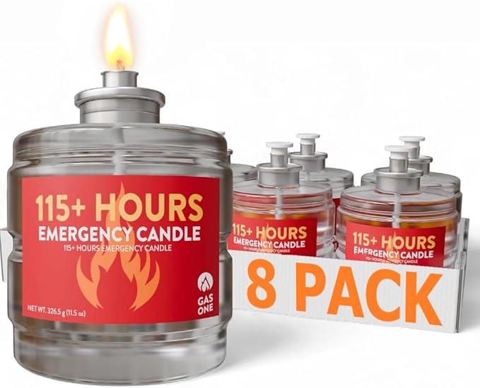 GasOne 115+ Hours Emergency Candle Set – 8-Pack Liquid Candles – Clean Burning, Unscented Long-Burning Candles for Ambient Lighting, Power Outages, Camping & Blackouts