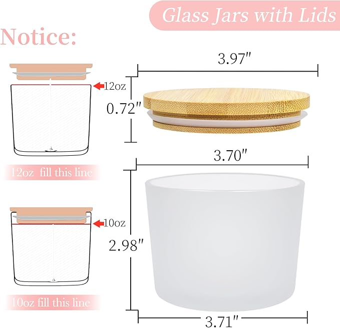 CONNOO 8 Pack 12 OZ Frosted Glass Wide Mouth Candle Jars for Making Candles with Airtight Bamboo Lids Nice Sticky Warning Labels for Candle Making Empty Container Bulk - Dishwasher Safe