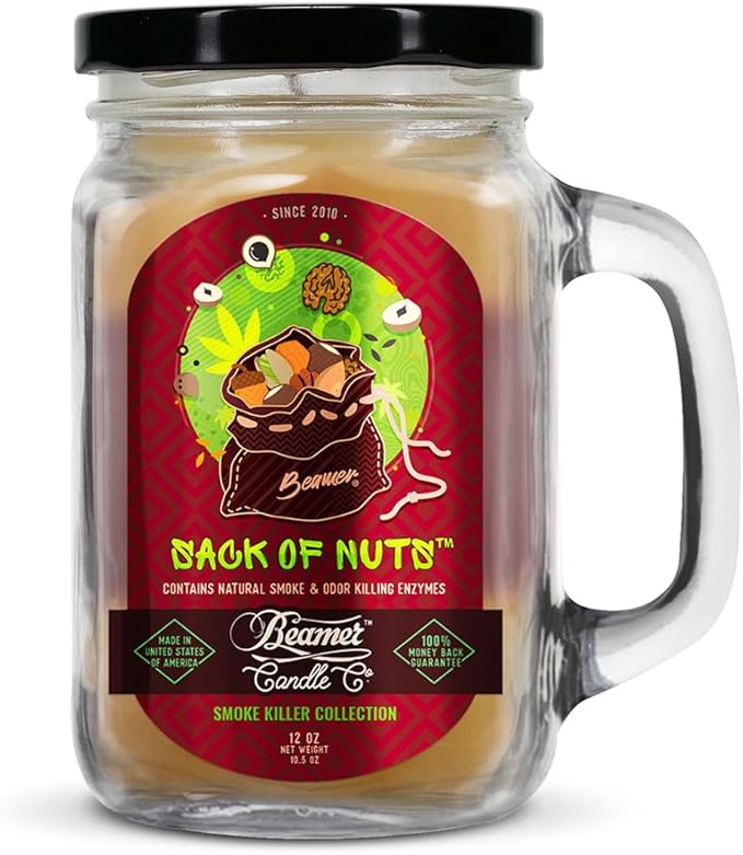 Sack of Nuts Candle – Odor Eliminating, Strong Scent – Roasted Mixed Nuts – Long Lasting 90 Hour Burn – Large 12oz Mason Jar – Made in USA – Beamer Candle Co.