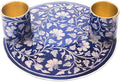 Yair Emanuel Flat Plate Candle Holders for Shabbat 4 Inch Vibrant Pattern Design Modern Judaica Gift (CSE-6 Blue Pottery)