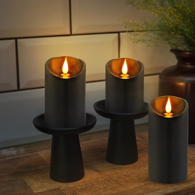 ALED LIGHT Black Real Wax Rechargeable Candles Flickering Realistic,Flameless Candles Rechargeable with Remote for Home Decor Idea Gift，Pack 3(D 3”X H 4”5”6”)