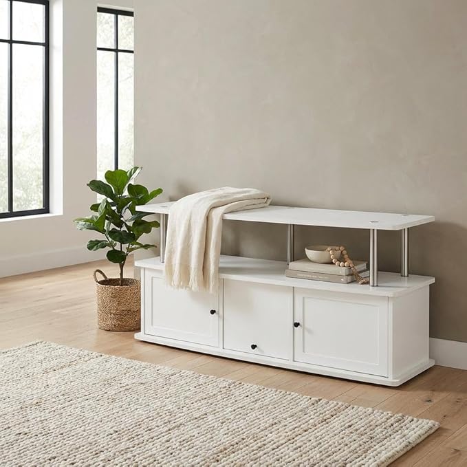 Furnifact White TV Stand, 3 Storage cabinets, Shelf, Supports TVs up to 60 lbs, Modern Style, Particle Board, for TVs up to 55 inches
