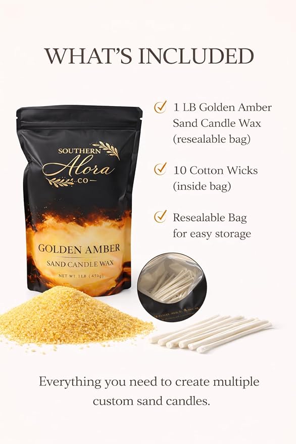 Candle Sand with 10 Wicks – 1 LB Refillable Sand Candle Wax for DIY Candles, Wedding Centerpieces, Home Decor – Golden Amber