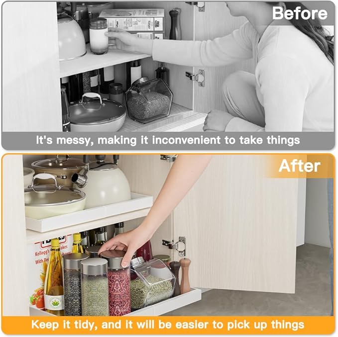 2 Pack Pull Out Cabinet Organizer, 21" Deep Expandable (12.1"-20.4") Slide Out Drawer, 3 Slide Rails Sliding Drawers for Cabinets, Roll out Shelves For Kitchen, Bathroom, Pantry Storage, White