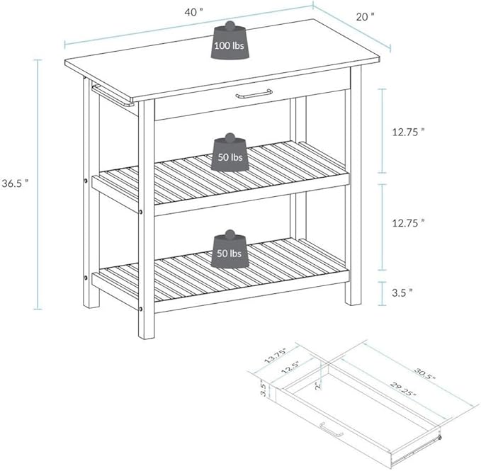 Furnifact Solid Wood Kitchen Island with Drawer, 2 Open Shelves, Hunter Green Base and Natural Top, Island Table for Kitchen Storage and Food Prep