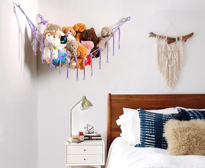 YKBU Stuffed Animals Hammock Corner Hanging Net for Macrame Stuffed Animal Storage Plush Toy Holder Toy Organizer for Boho Nursery Playroom Bedroom (purple, Large)