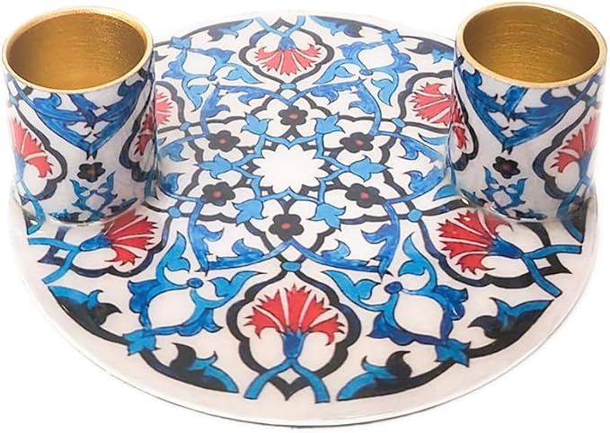 Yair Emanuel Flat Plate Candle Holders for Shabbat 4 Inch Vibrant Pattern Design Modern Judaica Gift (CSE-8 Tile Pattern)