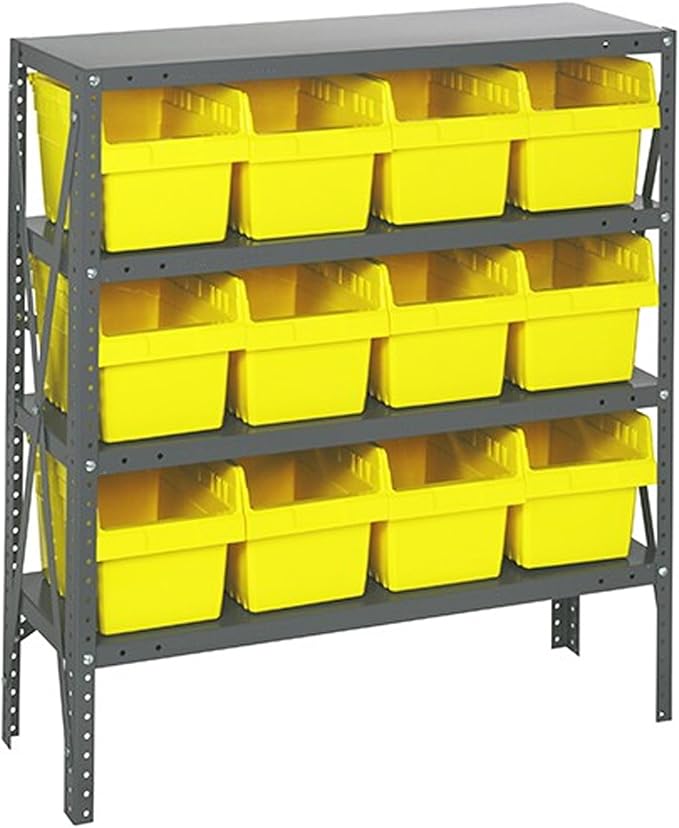 Quantum 1239-SB807YL Heavy Duty Shelving Unit with (4) Shelves and (12) QSB807 Yellow Bins for Warehouse Storage Distribution | 400 lbs Capacity per Shelf | 12"D x 36"L x 39"H, Galvanized Steel Finish