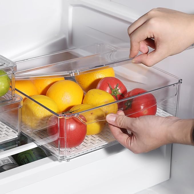 Plastic Fridge Organizer,Clear Storage Containers for Fridge Stackable Organizer Bins Square Food Storage Box Keep Fresh for Vegetable,Food,Fruits (10 PACK)