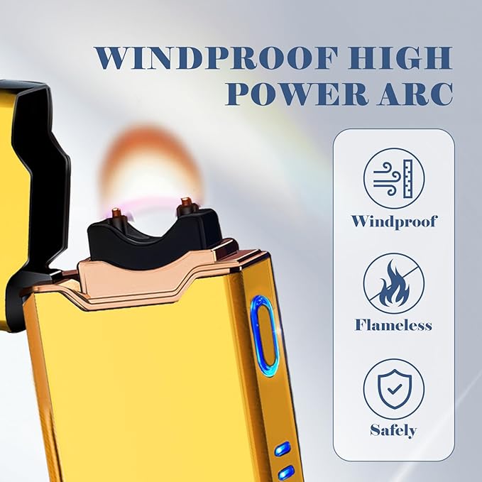 BABOBIU USB Lighter Electric Lighters Rechargeable Arc Lighters with LED Light Power Display Windproof Lighter for Men Boyfriend Husband Candle Incense Stick Outdoor (Glossy Gold)