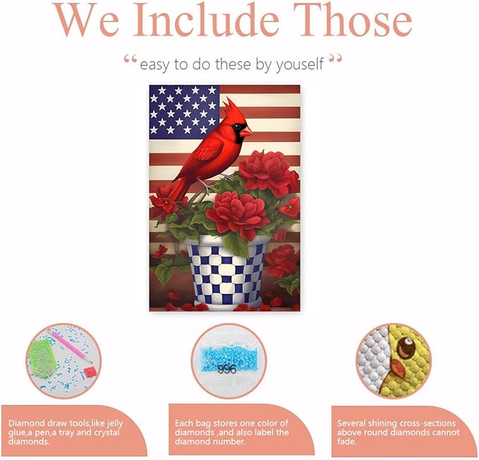 GUAIEUW Flowerpot Red Bird Flag Diamond Painting Kit for Adults, Full Round Diamond Cardinal Bird 5D Diamond Painting DIY Art Crafts for Winter Home Wall Decor Holiday Gift 20x24 Inch