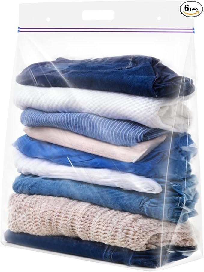 5 Gallon Zipper Bags with Handle and Bottom, Pack of 6, Heavy Duty Clear Handy Plastic Storage Bag, 18"x24" Reusable Large Zip Storage Bag for Sports, Travel, Moving and Clothes, 3-Mil Thick