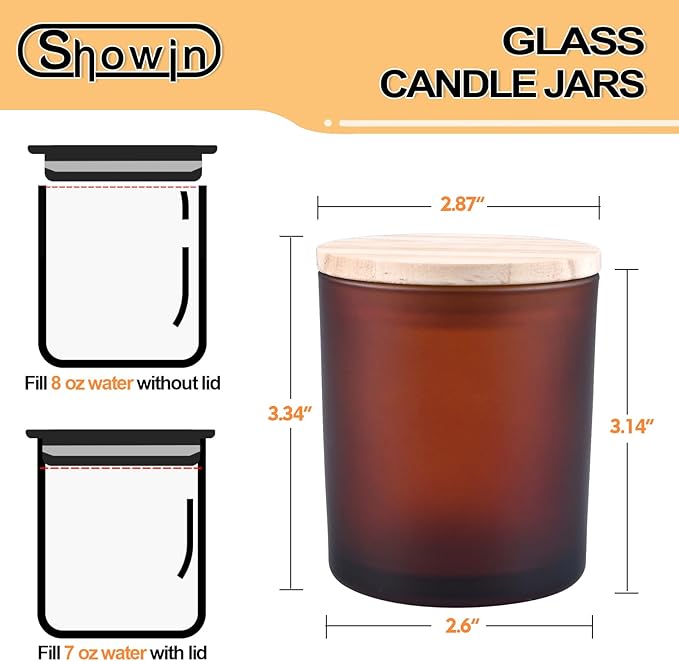 SHOWIN 8 OZ Thick Candle Jars for Making Candles 15 Pcs, Empty Amber Jars with Wood Lids for Candle Making, Sample Container, Frosted Brown