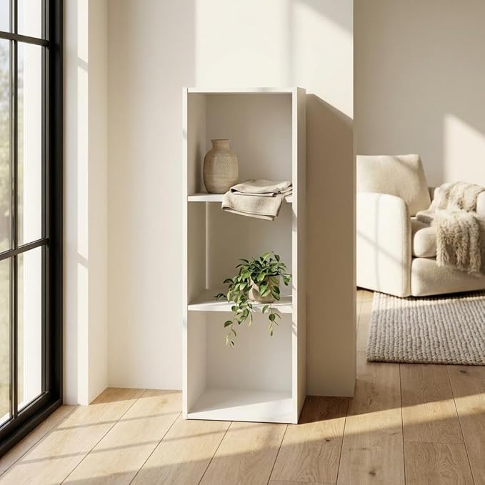Furnifact Cubic Storage Cabinet Bookcase with 3-Cube Shelves, White Wood Construction, Modern Design for Home Office and Living Room Storage