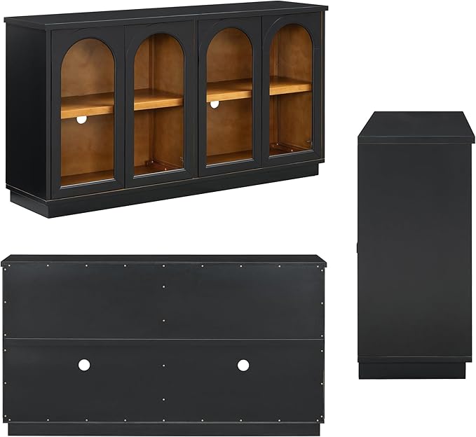 Amposei 57.7-Inch Vintage Sideboard Cabinet 4 Glass Door Storage Cabinet Buffet Console Table with Adjustable Shelves for Kitchen Entryway Dining Living Room, Black