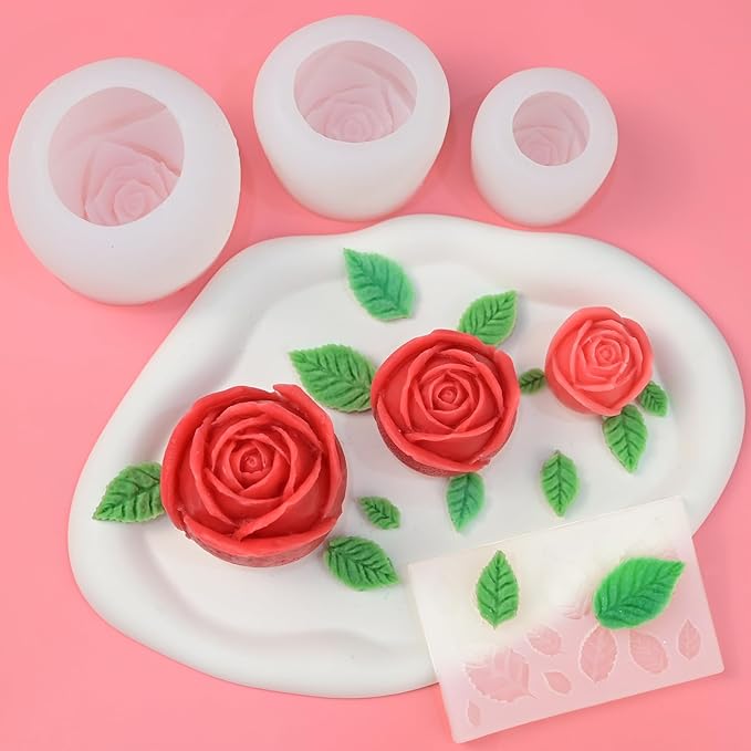 4 Pack Rose Candle Molds with Leaf Mold, Set of Large + Medium + Small 3D Rose Flower Silicone Molds for Candles Making Epoxy Resin Casting Handmade Soap Clay Plaster Home Décor Mom Gift