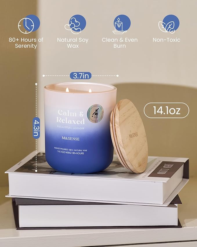 M&SENSE Eucalyptus Lavender Scented Candle, 14.1oz Non Toxic 80 Hours Burn Time Highly Scented Natural Soy Wax Aromatherapy Candle for Women Men, Stress Relief & Relaxing