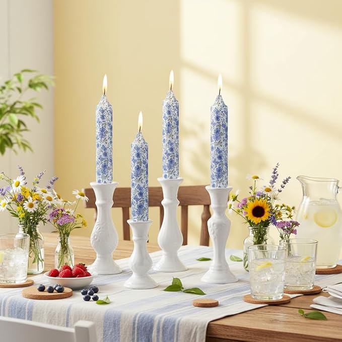 Short Blue and White Taper Candles 7 Inch Handmade Floral Candle Sticks Smokeless Unscented Clean Burning Candles for Meditation Sailing Housewarming Gift Wedding Birthday Home Dinner