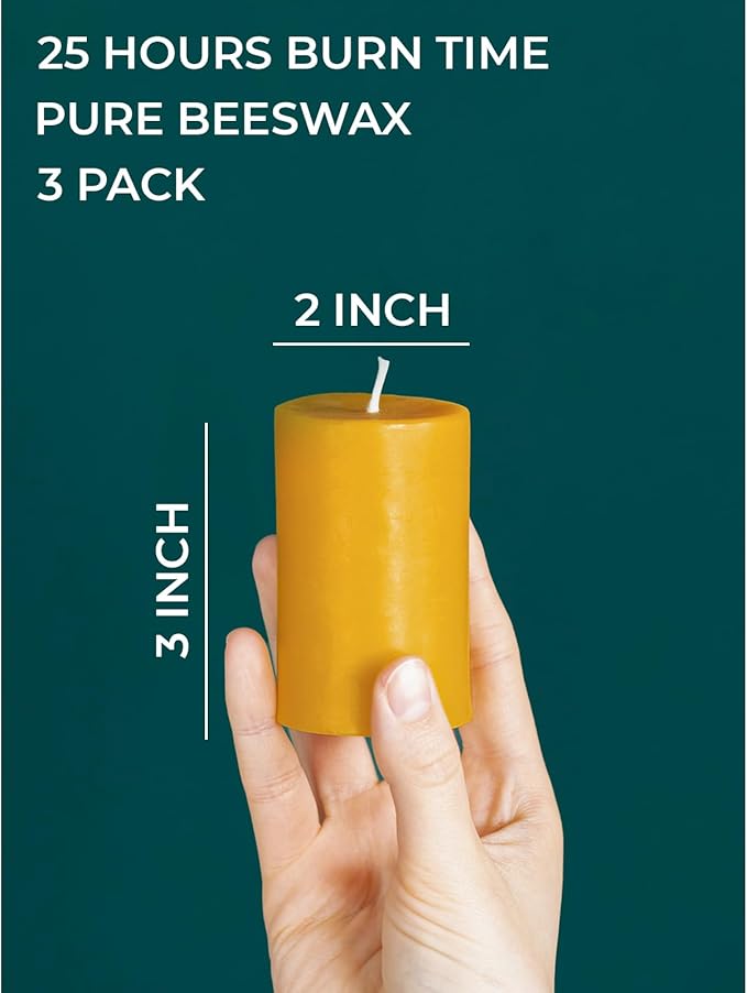 CANDWAX Pure Beeswax Pillar Candles 1.8x3 inch Set of 3-25 Hours Burning Handmade Yellow Candles - Smokeless Pure Bees Wax Candle Home Décor