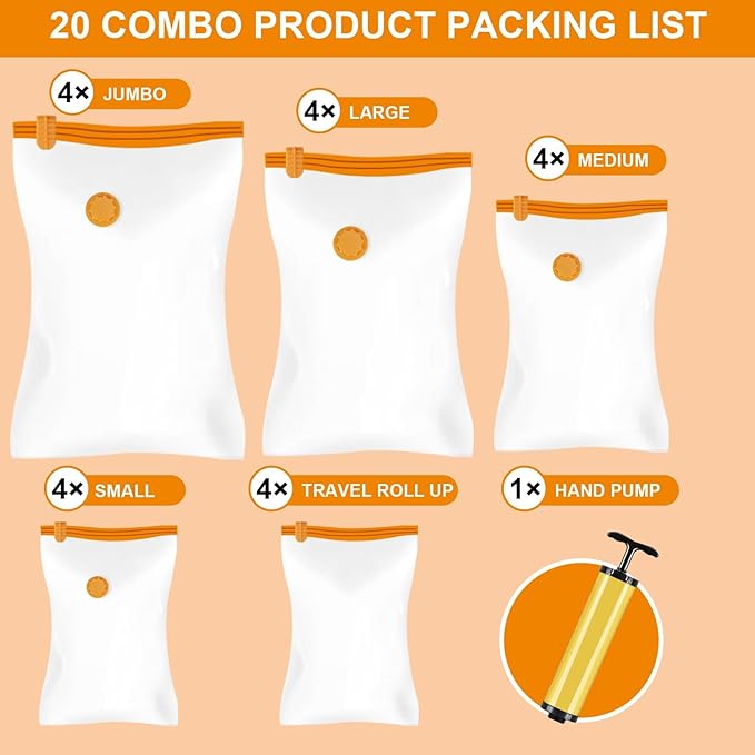 AGPTEK 20pcs Vacuum Storage Bags(4 Jumbo/4 Large/4 Medium/4 Small/4 Roll)Compression Storage Bags for Comforters, Blankets, Vacuum Sealer Bags for Clothes Storage, Perfect for Home Storage and Travel