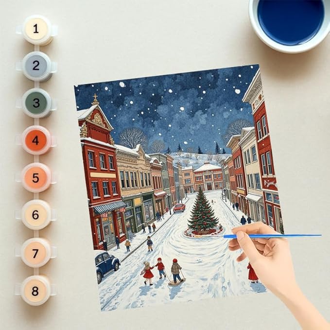 EnLvYY Paint by Numbers for Adults 16x20 Inch, DIY Acrylic Winter Town Street Scene with Christmas Tree, Unframed Canvas Painting Kit for Beginners, Relaxing Wall Decor Art, Gift for Adults
