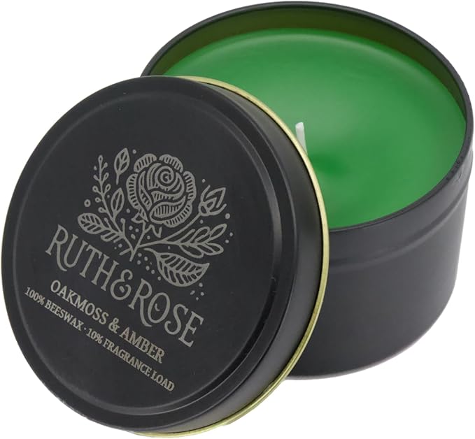 RUTH & ROSE | Oakmoss & Amber | 100% Beeswax Scented Candles for Home, 8oz, +65 Hours Burn Time, Aromatherapy Non Toxic Candles, Gift for Women & Men, Perfect for Travel or Gifting