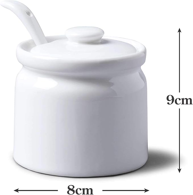 WM Bartleet & Sons 1750 T165 Traditional Porcelain Sugar/Jam/Mustard Pot with Lid & Spoon 8cm – White, 24 oz