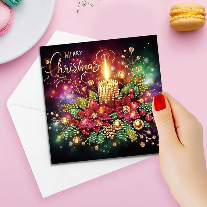 6Pcs Christmas Diamond Art Kits for Adults - DIY 5D Diamond Painting Cards with Envelopes, Sparkling Holiday Candles & Wreath Greeting Cards, Special Shaped Drill Art Crafts