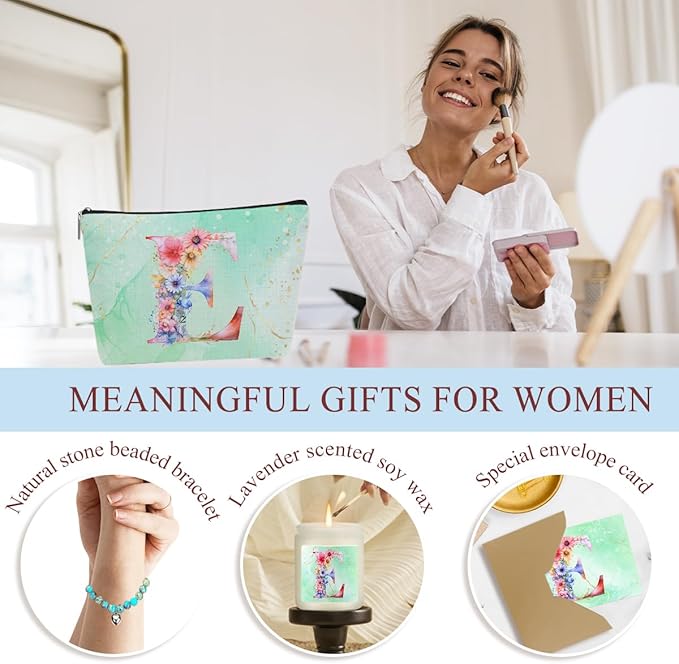 Personalized Gifts Monogrammed Birthday Gifts for Women, Daughter Bestie Friendship Christmas Halloween Initial Wine Tumbler Makeup Bag Scented Candle Bracelet Set, (Aesthetic Green Flower E)