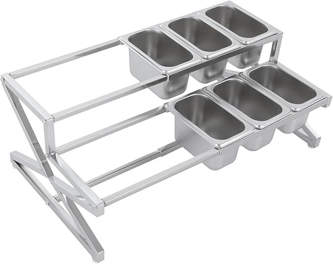 2-Tier Expandable Spice Rack with Lids & Spoons, Stainless Steel Seasoning Organizer Shelf, Pizza Topping Station, Kitchen Countertop Holder for Condiment Ingredients Sauces Jams Fruits