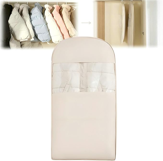 Space Saving Hanging Garment Bag with Self Compression Zipper, 2025 New Space Saver Clothes Storage Organizer, Dust Cover Clothes Bags for Down Coat (Beige, L)
