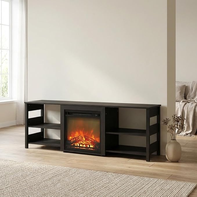 Furnifact Americano Wood TV Stand with Fireplace, Modern Design, Sturdy Construction, Spacious Storage, 70-Inch Wide, Living Room Entertainment Center